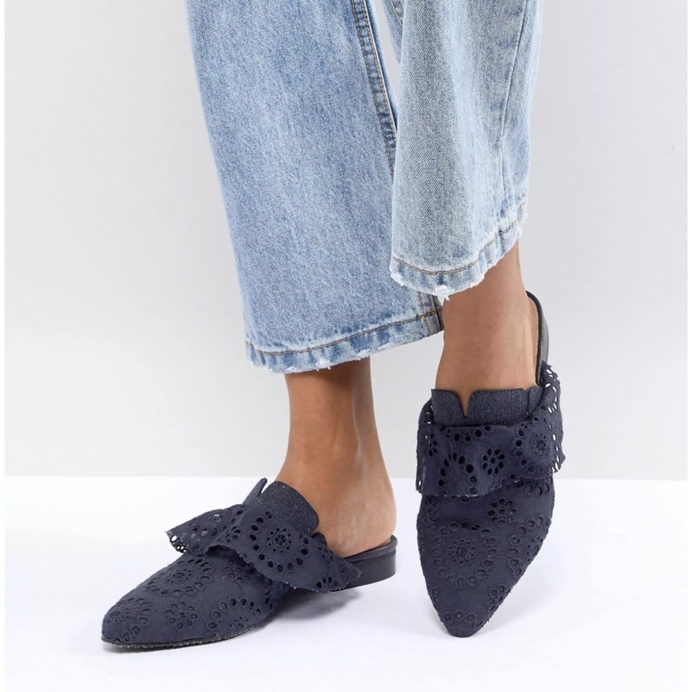 Free People Navy Eyelet Pointed Toe Mules